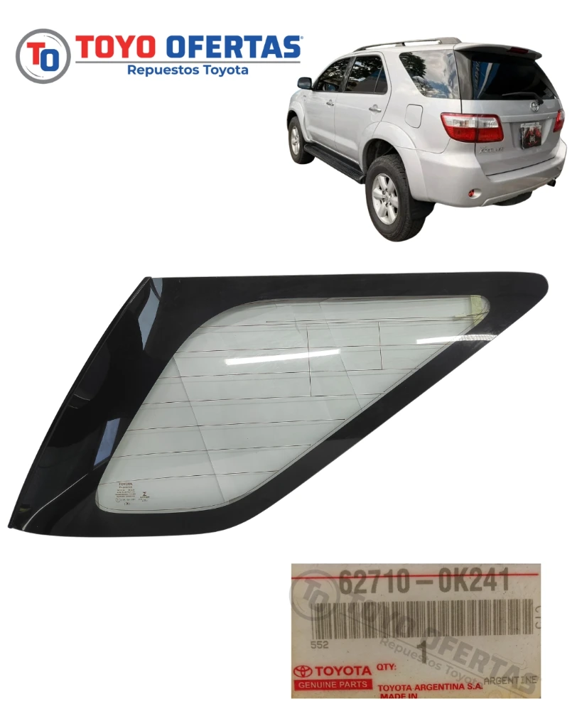 62710-0K241 VIDRIO DE PUERTA TRASERA IZQUIERDA TOYOTA FORTUNER 2005-2015